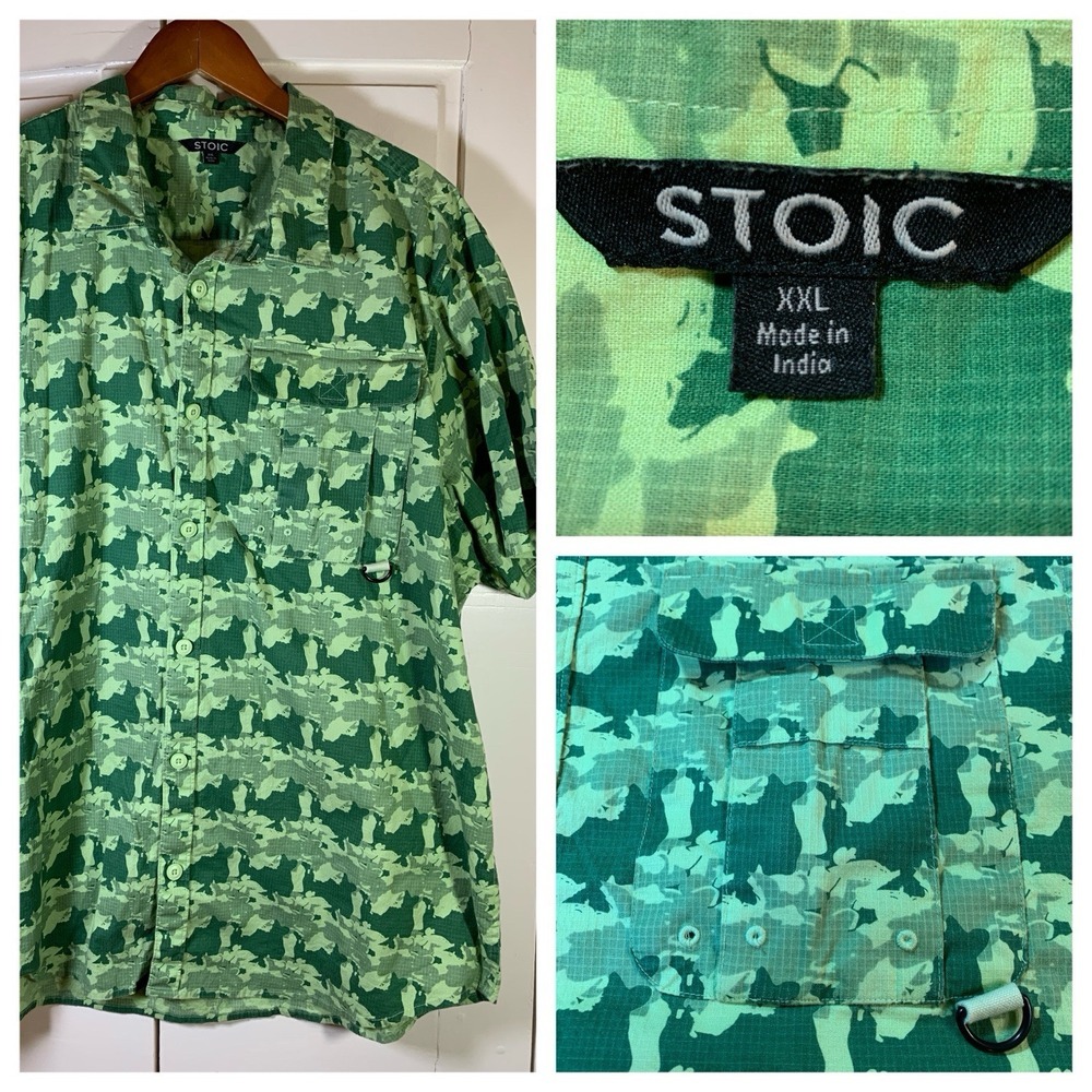Stoic Green Camo Short Sleeve‎ Button Shirt Men XXL 2XL Outdoorsy Biking Hiking